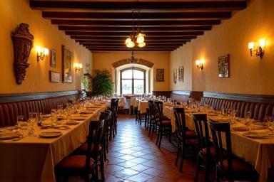 Zona pranzo accogliente con tavoli apparecchiati