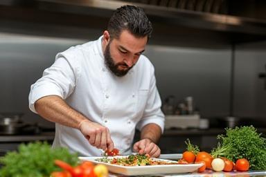 Lo Chef Riccardo Moretti in cucina mentre prepara un piatto
