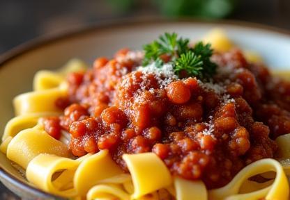 Piatto di tagliatelle fresche con ragù tradizionale toscano